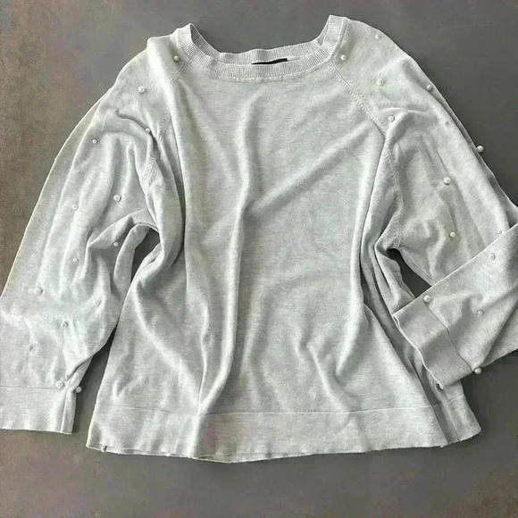 Zara Gray Knit Pearl Balloon Long Sleeve Crew Neck Pullover Sweater Size L - Picture 1 of 8
